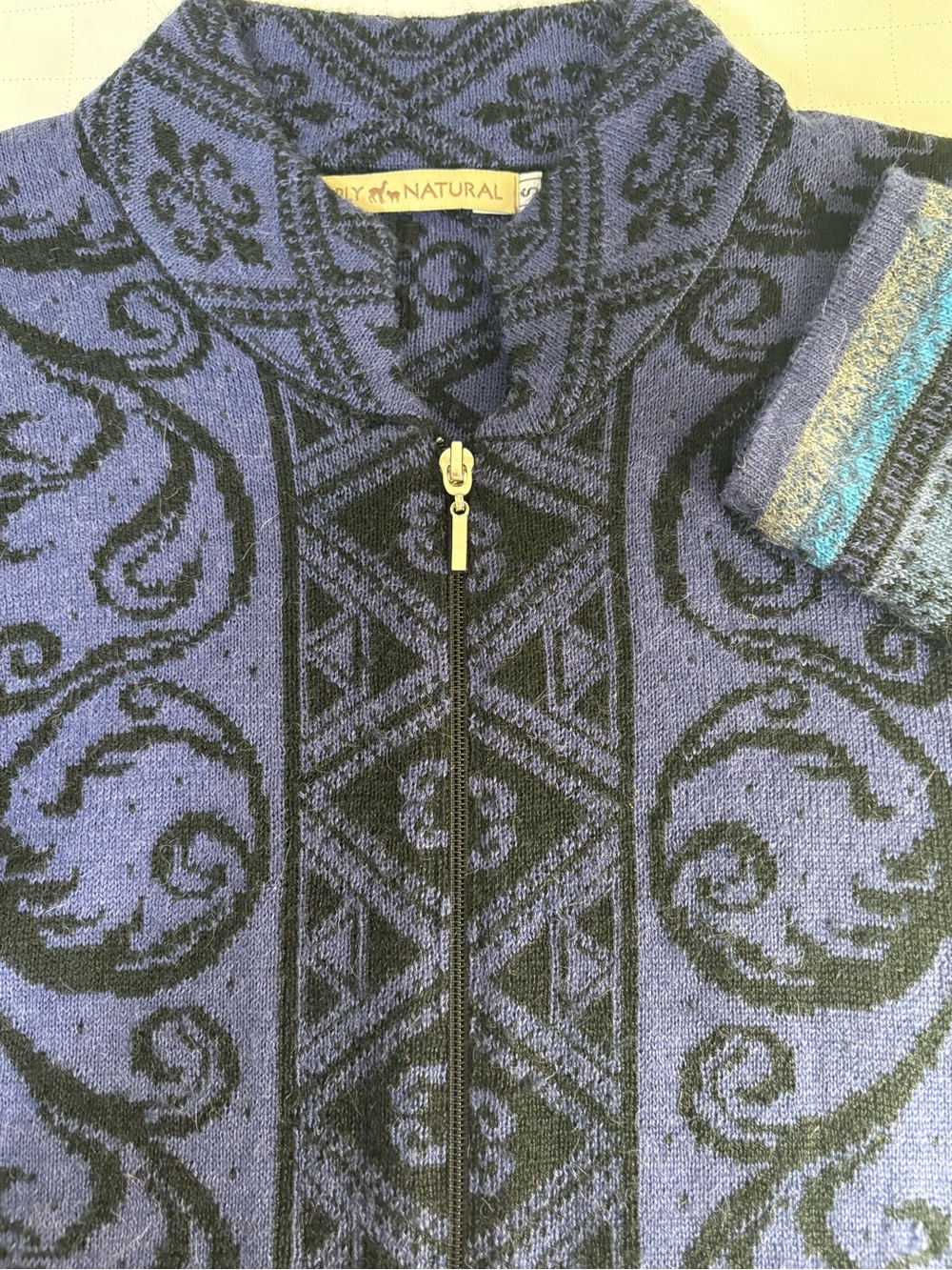 Women’s Luxurious Soft Alpaca Wool Violet, Blue & Black Zip Patterned  Sweater